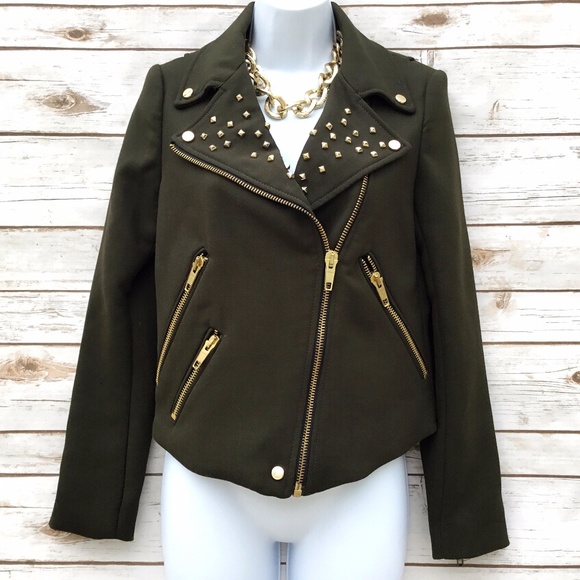Zara Jackets & Blazers - Zara Basic Dark Green Gold Studded Moto Jacket